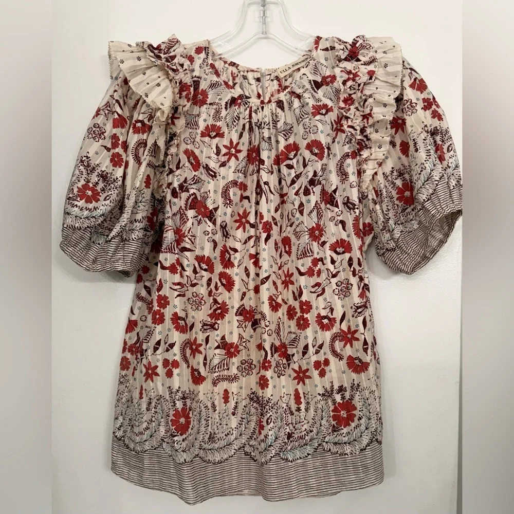 Ulla Johnson Arbor Short Sleeve Blouse Red & Cream Size 0